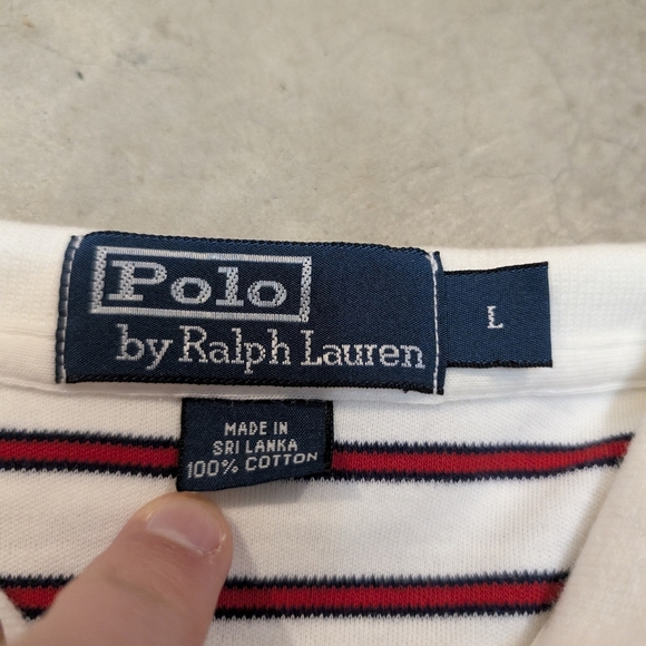 VTG 90s Polo Ralph Lauren Striped Polo Shirt Whtie Red Green Pony Mens L - Picture 3 of 6